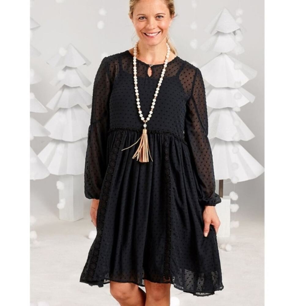 Matilda Jane Nostalgia Charlie Swiss Dot Black Overlay Sheer Dress